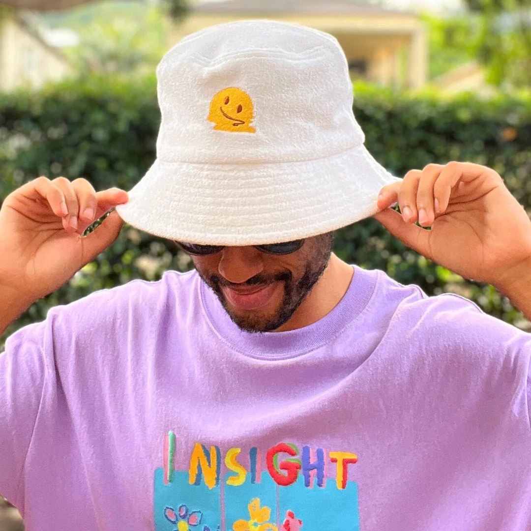 Melted Smiley Face - White Terry Bucket Hat - Image 7